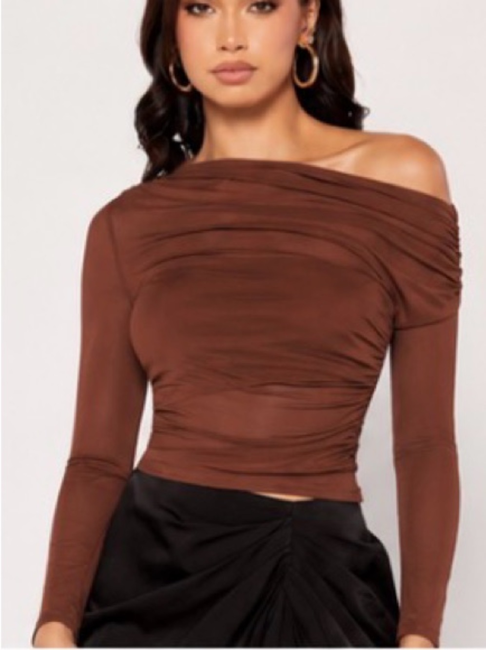 NEW SHEIN Off Shoulder Ruched Side & Shoulder Detail Semi Sheer Top Brown Small
